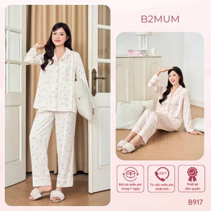Đồ bộ bầu và sau sinh lụa pháp cao cấp phối cổ quần có chun chỉnh bụng áo có khóa cho bé ti B308 b917 B2MUM