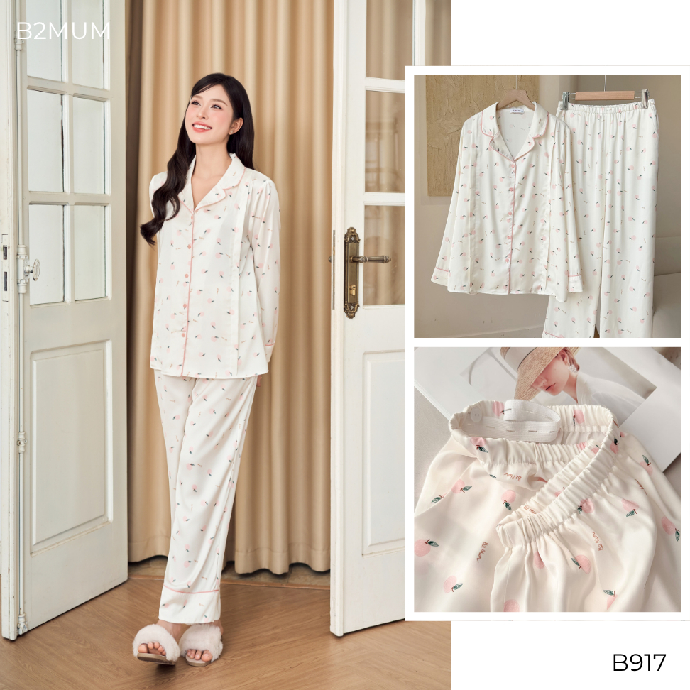 Đồ bộ bầu và sau sinh lụa pháp cao cấp phối cổ quần có chun chỉnh bụng áo có khóa cho bé ti B308 b917 B2MUM