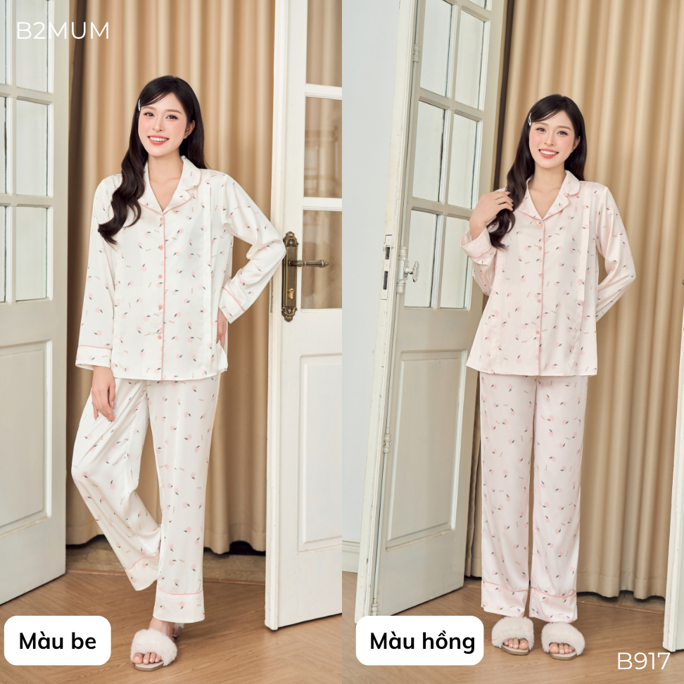 Đồ bộ bầu và sau sinh lụa pháp cao cấp phối cổ quần có chun chỉnh bụng áo có khóa cho bé ti B308 b917 B2MUM