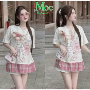 LS_Set váy ngắn, set nữ mặc hè Sọc kèm gấu áo Thun form rộng phối chân váy ngắn có quần