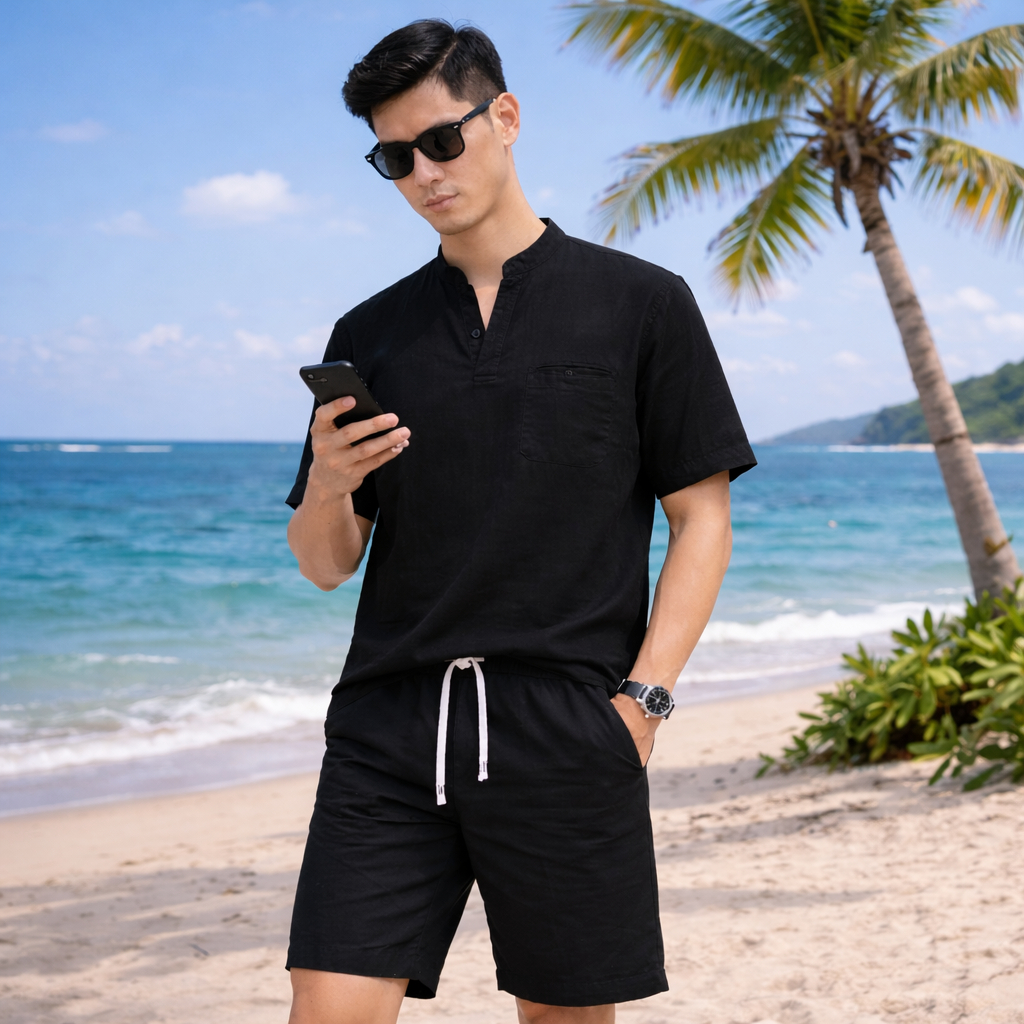 Áo Cộc Tay Chất Đũi Cổ V Thoáng Mát Mùa Hè Halley Sơ Mi Nam Cộc Tay Đi Biển Đi Chơi A59