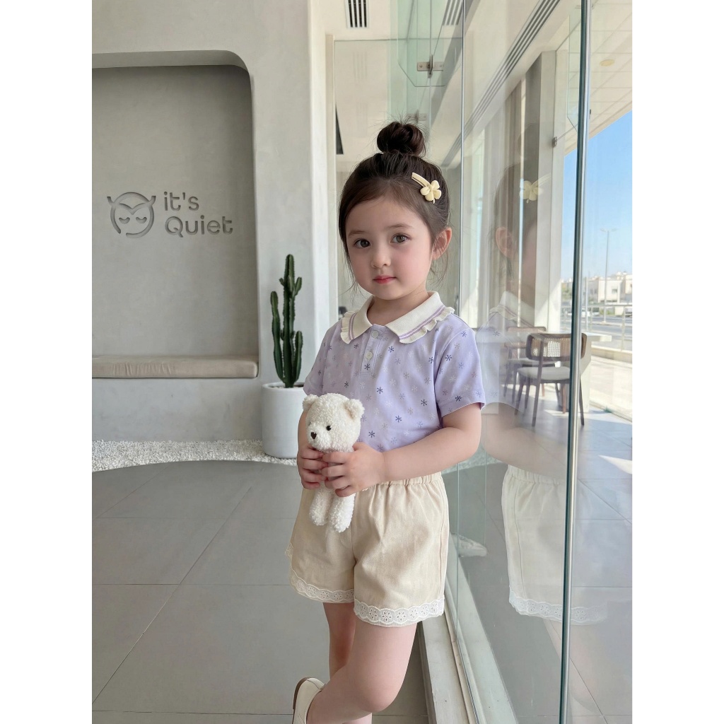 Set bộ cộc tay bé gái cổ bèo 1-6 tuổi Miniumbaby mix hoạ tiết may viền , chất cotton mềm mát SB2723