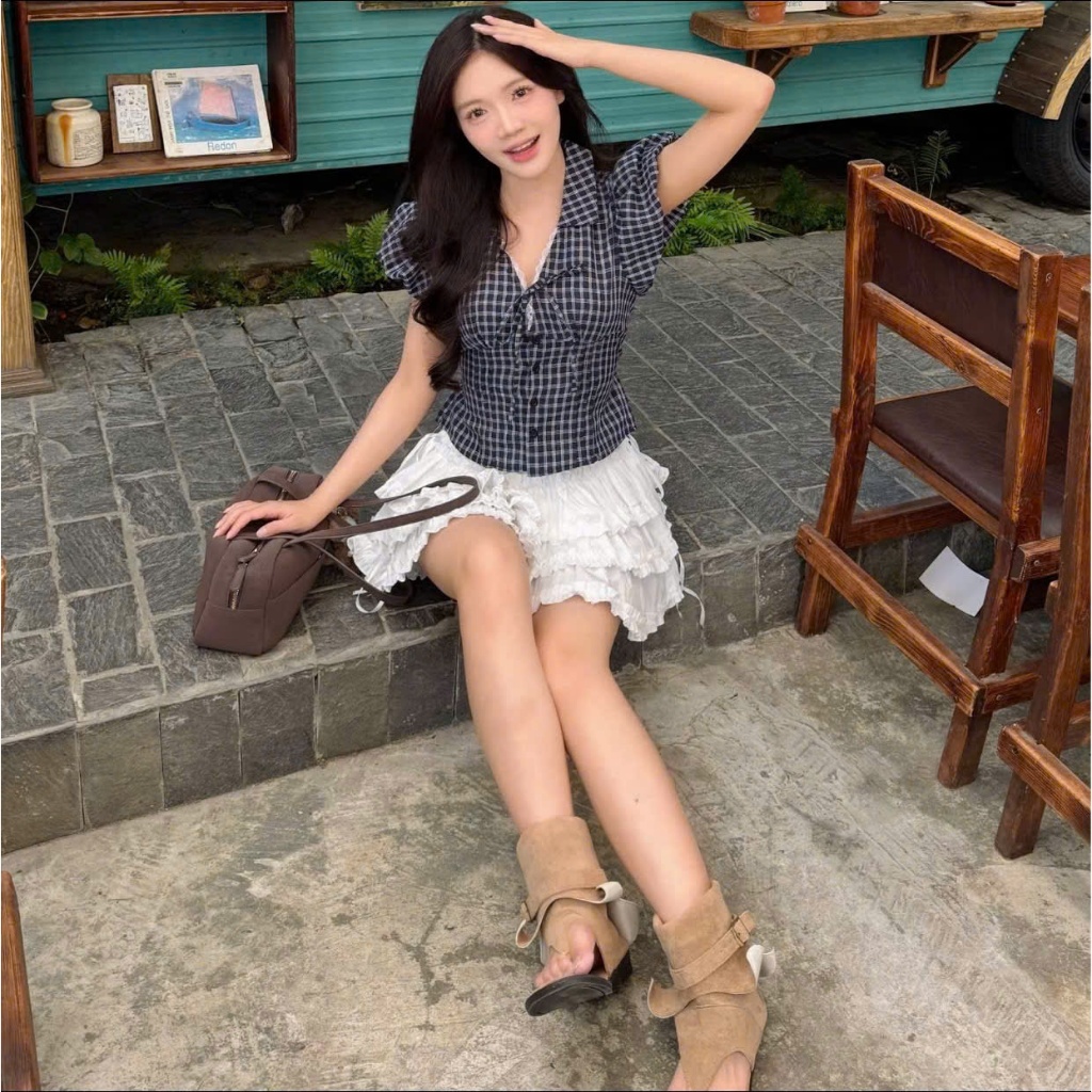 Áo kẻ caro đính cúc bọc phối dây nơ cổ điệu đà TẤM A126