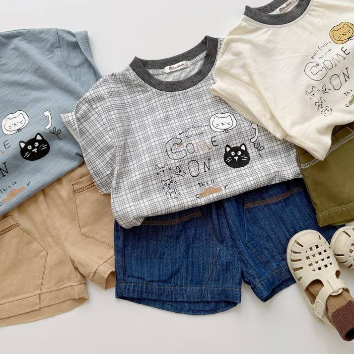 Set bộ cộc tay bé trai Miniumbaby in hình mèo cún mix quần đứng phom, chất áo cotton mềm mát SB2699