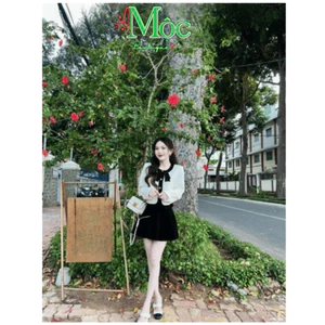 Set váy ngắn, set công sở nữ, set áo Cotton dài tay có nơ cổ đen kết hợp chân váy Nhung ngắn