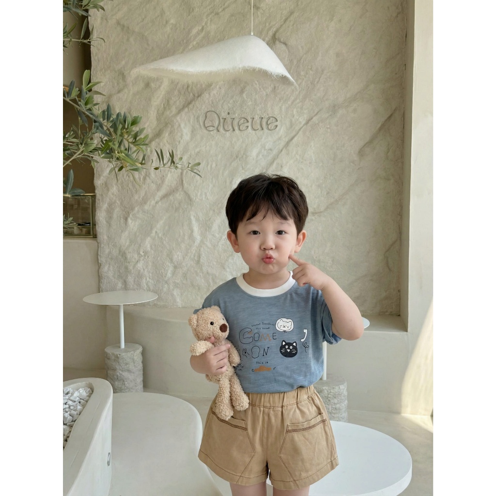Set bộ cộc tay bé trai in hình mèo cún mix quần đứng phom, chất áo cotton mềm mát Miniumbaby SB2699