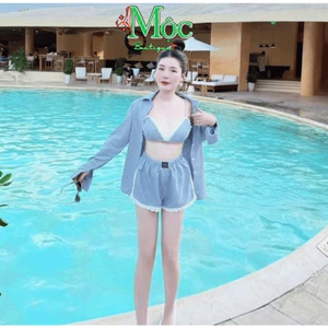 DX_Set bộ 3 món, set đi biển, set áo khoác sọc kèm bra có mút ngực viền ren phối quần short ren