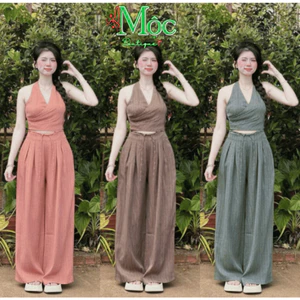 Set bộ mặc nhà, đồ nữ xinh thiết kế áo cổ Yếm chữ V Mango sọc mocking sau & quần dài xếp ly dây eo