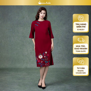 SWANLAKE | Váy Đầm Nữ Midi Suông Cổ Tròn Tay Lỡ Chất Vải Linen Thêu Hoa Cao Cấp Đi Tiệc D13228