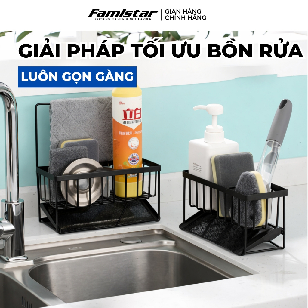 Kệ Để Đồ Rửa Chén Đen Sơn Tĩnh Điện Có Khay Hứng Nước Famistar Kệ Đựng Đồ Bồn Rửa Bát Tiện Lợi LSJ02