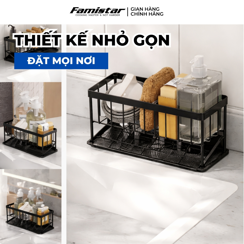 Kệ Để Đồ Rửa Chén Đen Sơn Tĩnh Điện Có Khay Hứng Nước Famistar Kệ Đựng Đồ Bồn Rửa Bát Tiện Lợi LSJ02