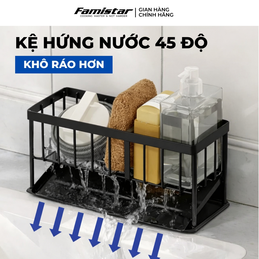 Kệ Để Đồ Rửa Chén Đen Sơn Tĩnh Điện Có Khay Hứng Nước Famistar Kệ Đựng Đồ Bồn Rửa Bát Tiện Lợi LSJ02