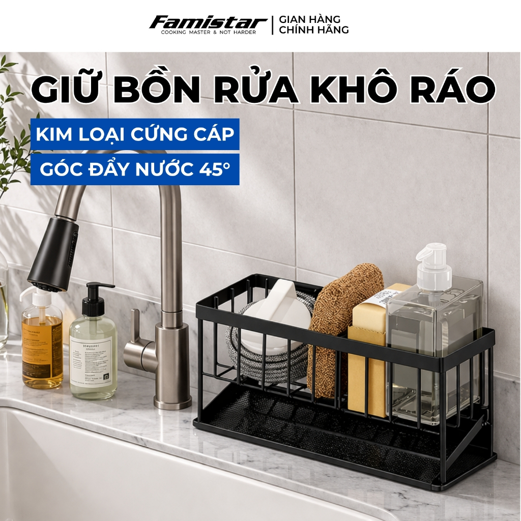 Kệ Để Đồ Rửa Chén Đen Sơn Tĩnh Điện Có Khay Hứng Nước Famistar Kệ Đựng Đồ Bồn Rửa Bát Tiện Lợi LSJ02