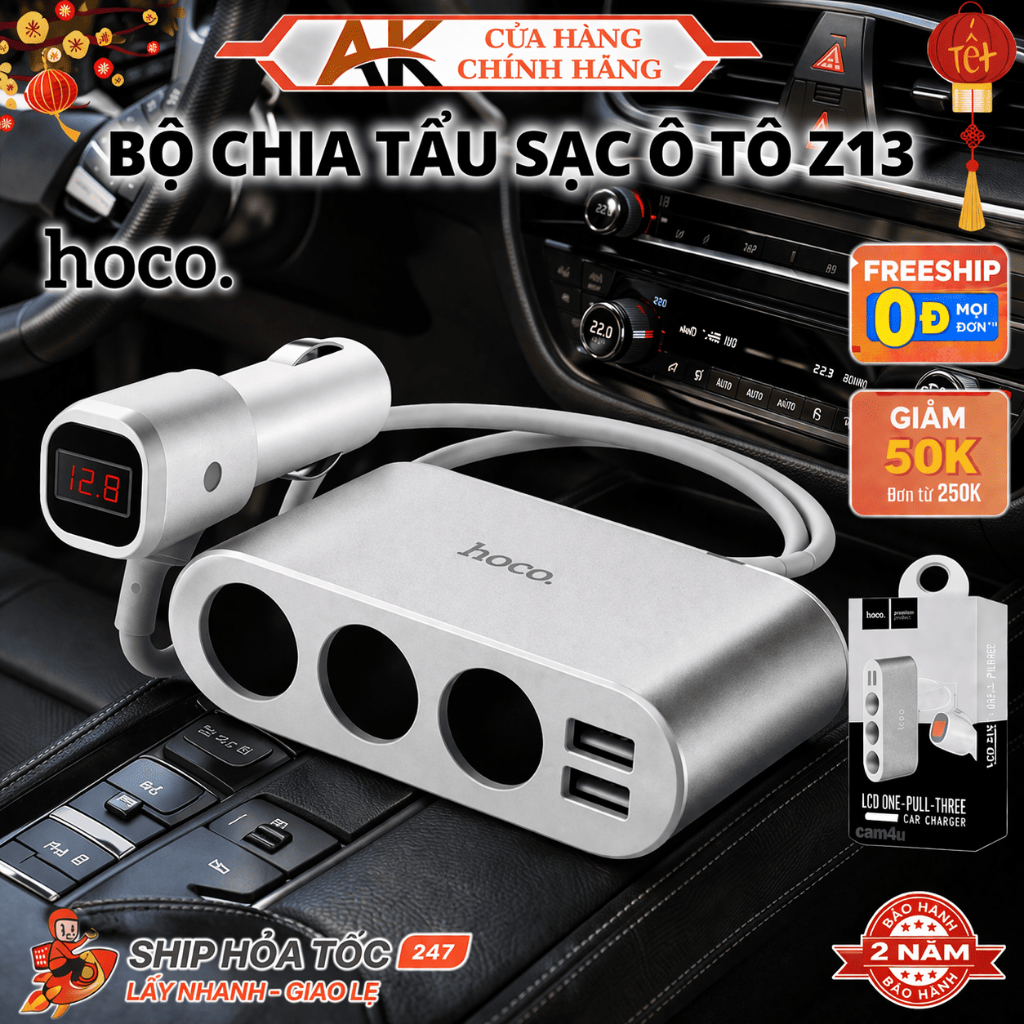 Bộ Chia Tẩu Sạc Ô Tô Hoco Z13 Với 3 Tẩu Sạc, 2 Cổng Sạc USB, Sạc Nhanh, An Toàn, Tiện Lợi Khi Dùng