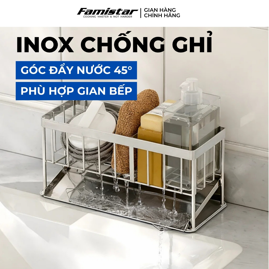 Kệ Để Đồ Rửa Chén Inox Chống Gỉ Có Khay Hứng Nước Famistar Kệ Đựng Đồ Bồn Rửa Bát Tiện Lợi LSJ01