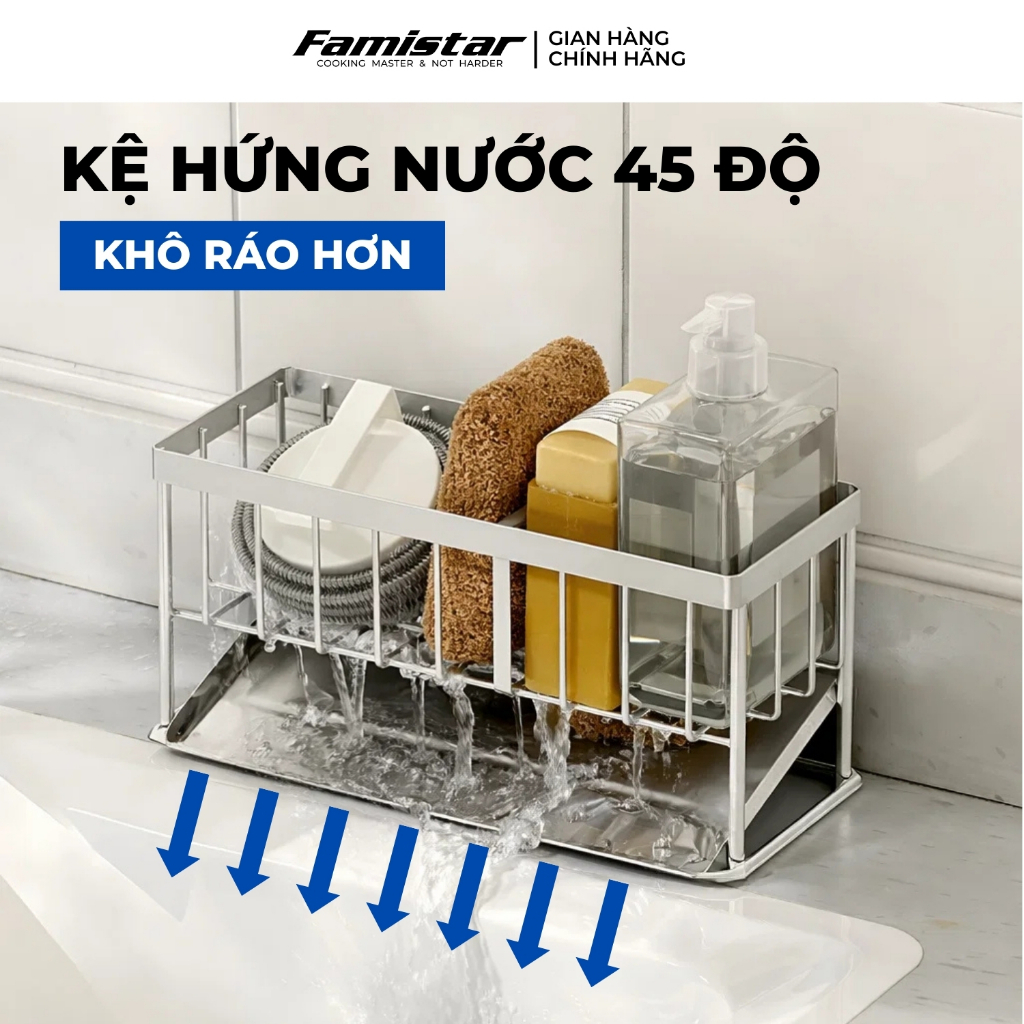 Kệ Để Đồ Rửa Chén Inox Chống Gỉ Có Khay Hứng Nước Famistar Kệ Đựng Đồ Bồn Rửa Bát Tiện Lợi LSJ01