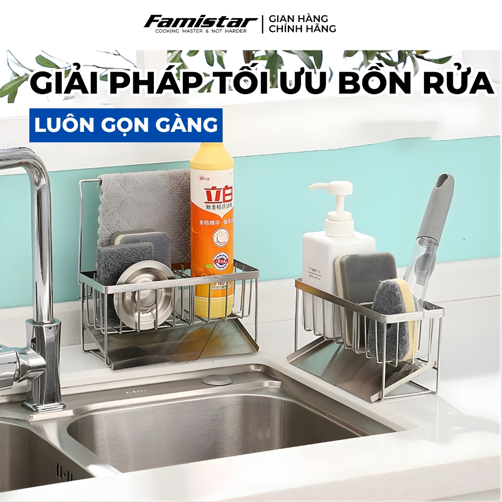Kệ Để Đồ Rửa Chén Inox Chống Gỉ Có Khay Hứng Nước Famistar Kệ Đựng Đồ Bồn Rửa Bát Tiện Lợi LSJ01