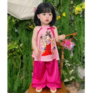 Set yếm bé gái mùa hè, Bộ đồ mặc Trung Thu cho bé chất lụa gấm mềm mát, Áo yếm cổ phối nơ dễ thương in hình BB07-BIATON