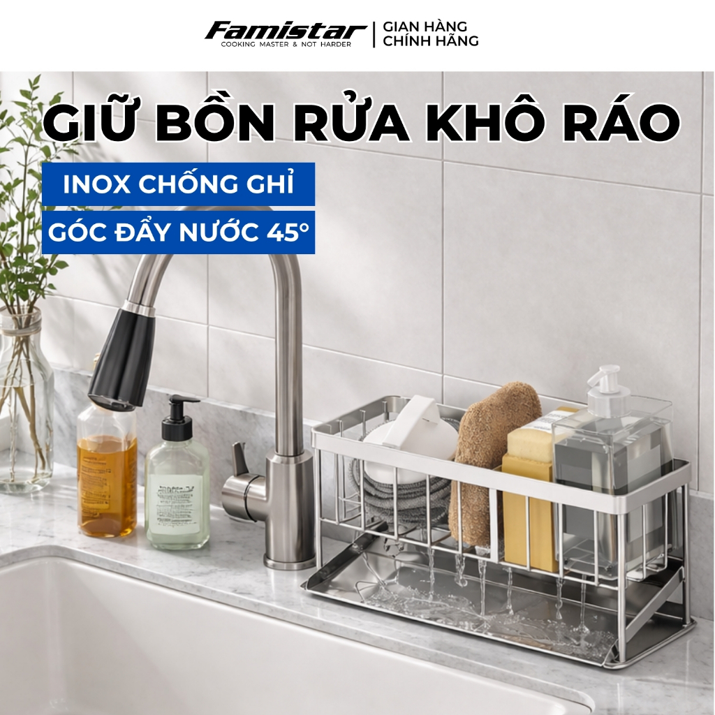 Kệ Để Đồ Rửa Chén Inox Chống Gỉ Có Khay Hứng Nước Famistar Kệ Đựng Đồ Bồn Rửa Bát Tiện Lợi LSJ01