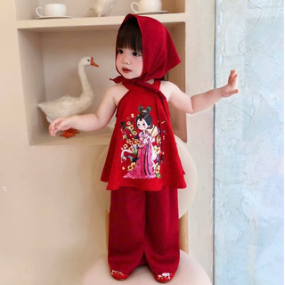 Set yếm bé gái mùa hè, Bộ đồ mặc Trung Thu cho bé chất lụa gấm mềm mát, Áo yếm cổ phối nơ dễ thương in hình BB07-BIATON