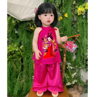 Set yếm bé gái mùa hè, Bộ đồ mặc Trung Thu cho bé chất lụa gấm mềm mát, Áo yếm cổ phối nơ dễ thương in hình BB07-BIATON