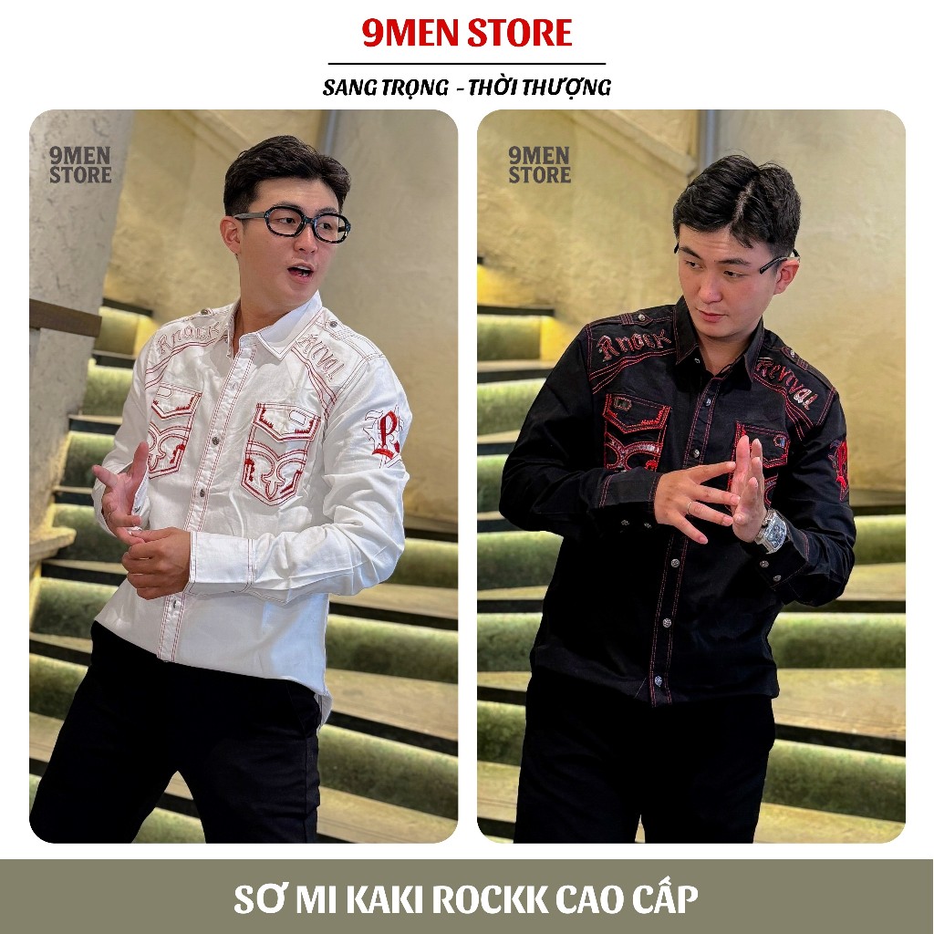 Sơ Mi Rock Classic Nam Cao Cấp Thêu Họa Tiết Chỉ Đỏ - Vải Kaki Tôn Dáng, Cúc Kim Loại Đẳng Cấp 066
