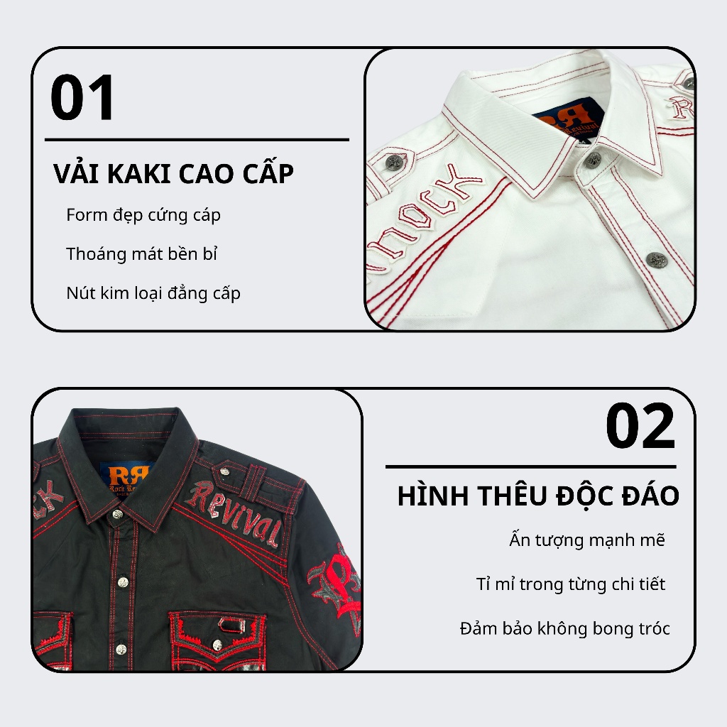 Sơ Mi Rock Classic Nam Cao Cấp Thêu Họa Tiết Chỉ Đỏ - Vải Kaki Tôn Dáng, Cúc Kim Loại Đẳng Cấp 066