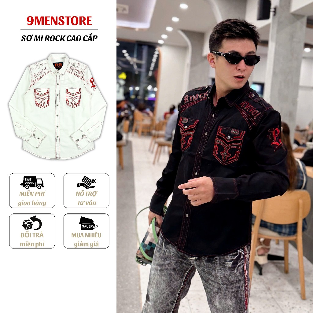 Sơ Mi Rock Classic Nam Cao Cấp Thêu Họa Tiết Chỉ Đỏ - Vải Kaki Tôn Dáng, Cúc Kim Loại Đẳng Cấp 066