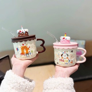 ứ, cốc sứ nắp bánh sinh nhật, quà tặng, ly để bàn dễ thương bánh kem có 2 màu Nâu và Hồng A454