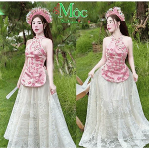 Set váy dài, set nữ mặc Tết thiết kế áo Gấm hoa nổi nhún eo sau cổ yếm đính nút tàu mix váy dài Ren