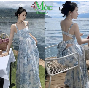 QC_Đầm váy dài, đầm nàng thơ đi biển chất Voan Cao Cấp hai dây dáng dài Maxi nơ lưng có mút ngực