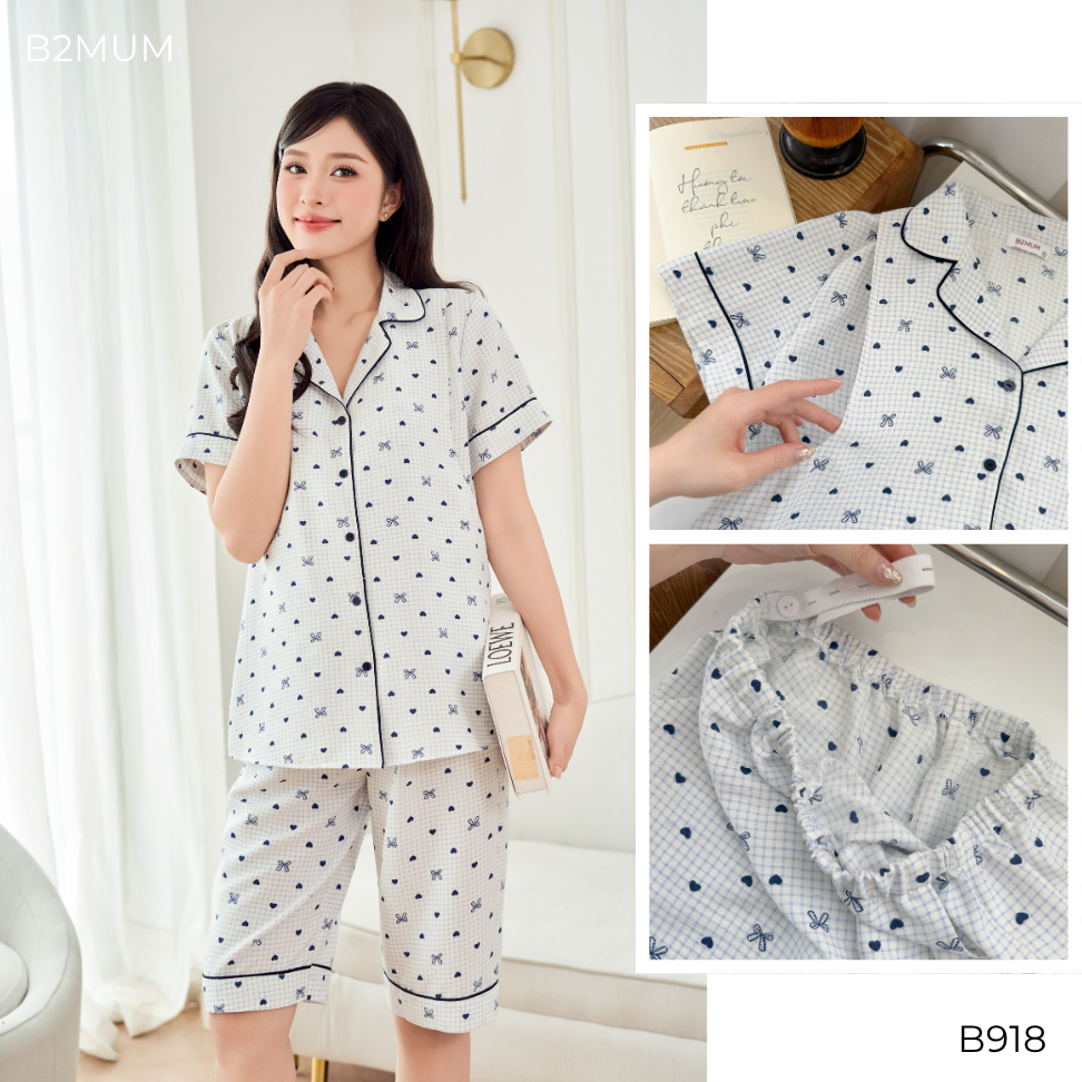 Bộ Pijama Bầu Quần Ngố, Áo Thiết Kế Mở Ngực Tiện Lợi Chất Đũi Mềm Mát Mặc Nhà Thoải Mái, Dễ Cho Bé Ti Liv Set B918 B2MUM