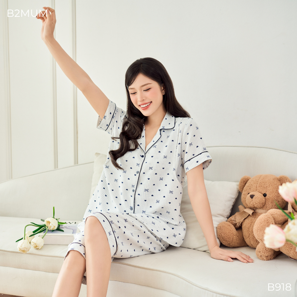 Bộ Pijama Bầu Quần Ngố, Áo Thiết Kế Mở Ngực Tiện Lợi Chất Đũi Mềm Mát Mặc Nhà Thoải Mái, Dễ Cho Bé Ti Liv Set B918 B2MUM