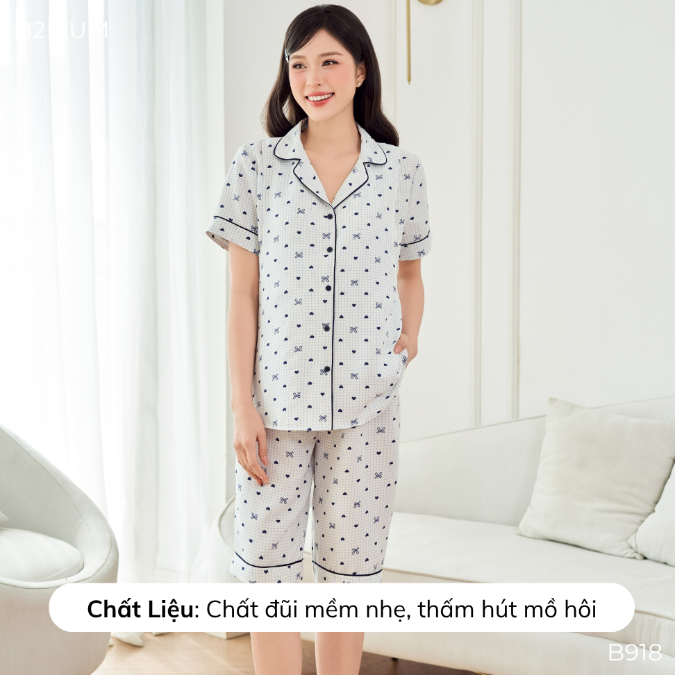 Bộ Pijama Bầu Quần Ngố, Áo Thiết Kế Mở Ngực Tiện Lợi Chất Đũi Mềm Mát Mặc Nhà Thoải Mái, Dễ Cho Bé Ti Liv Set B918 B2MUM
