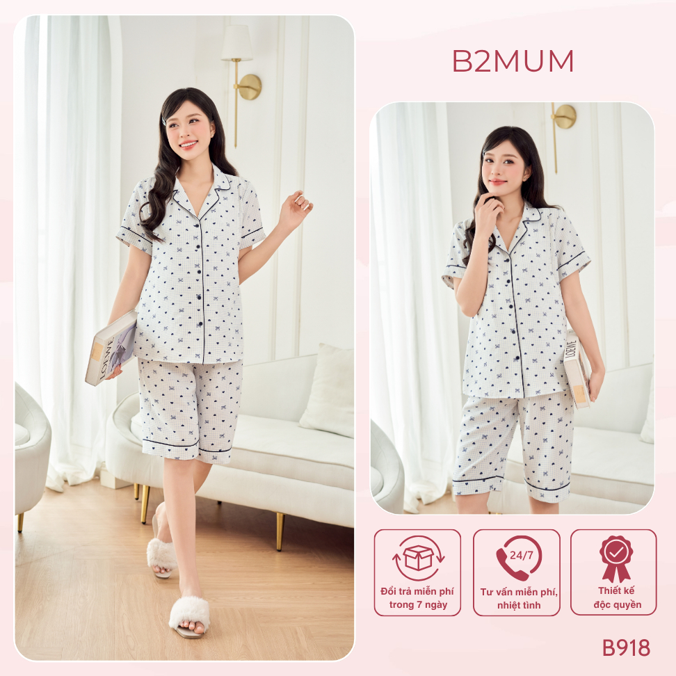 Bộ Pijama Bầu Quần Ngố, Áo Thiết Kế Mở Ngực Tiện Lợi Chất Đũi Mềm Mát Mặc Nhà Thoải Mái, Dễ Cho Bé Ti Liv Set B918 B2MUM