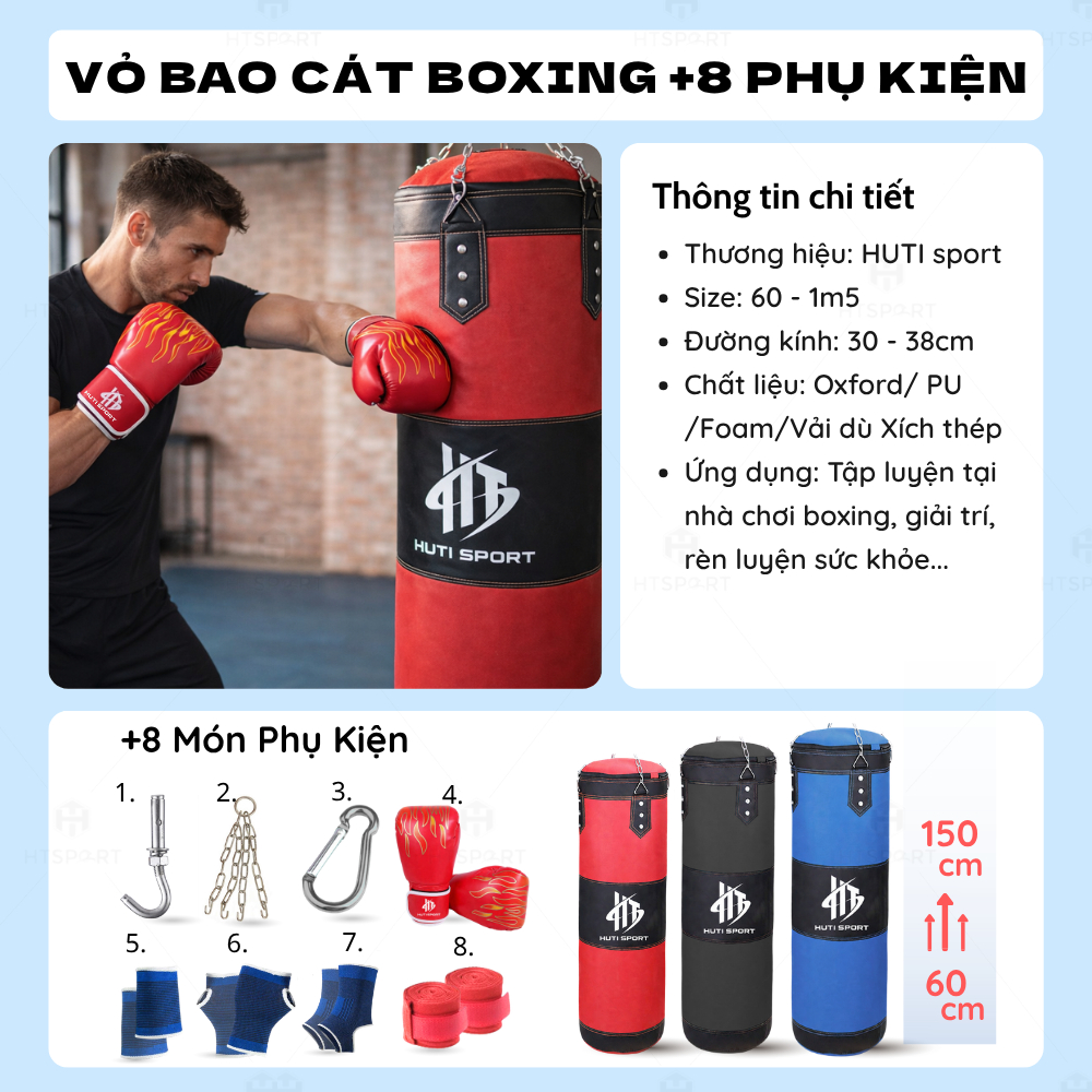 Vỏ Bao Cát Boxing Treo Tường + Phụ Kiện Đi Kèm, Bao Đấm Boxing Muay Thái, Võ Thuật Tại Nhà Tiện Lợi