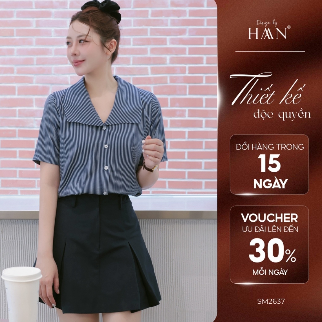 Áo Sơ Mi Kẻ Xanh Ngắn Tay Cổ Bẻ Form Suông, Thiết Kế Basic HAAN Design SM2637
