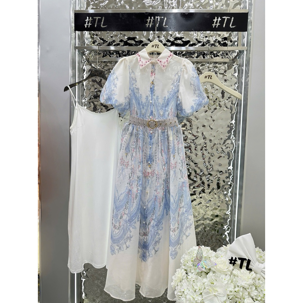 Đầm hoa xanh ZMM kèm đai Thảo Hàn