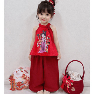 Set yếm bé gái mùa hè, Bộ đồ mặc Trung Thu cho bé chất lụa gấm mềm mát, Áo yếm cổ phối nơ dễ thương in hình BB07-BIATON
