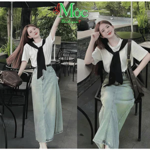 DX_ Set đầm váy jean, áo Thun thêu hình + choàng Thun mix chân váy dài xẻ Jean có dây thắt lưng