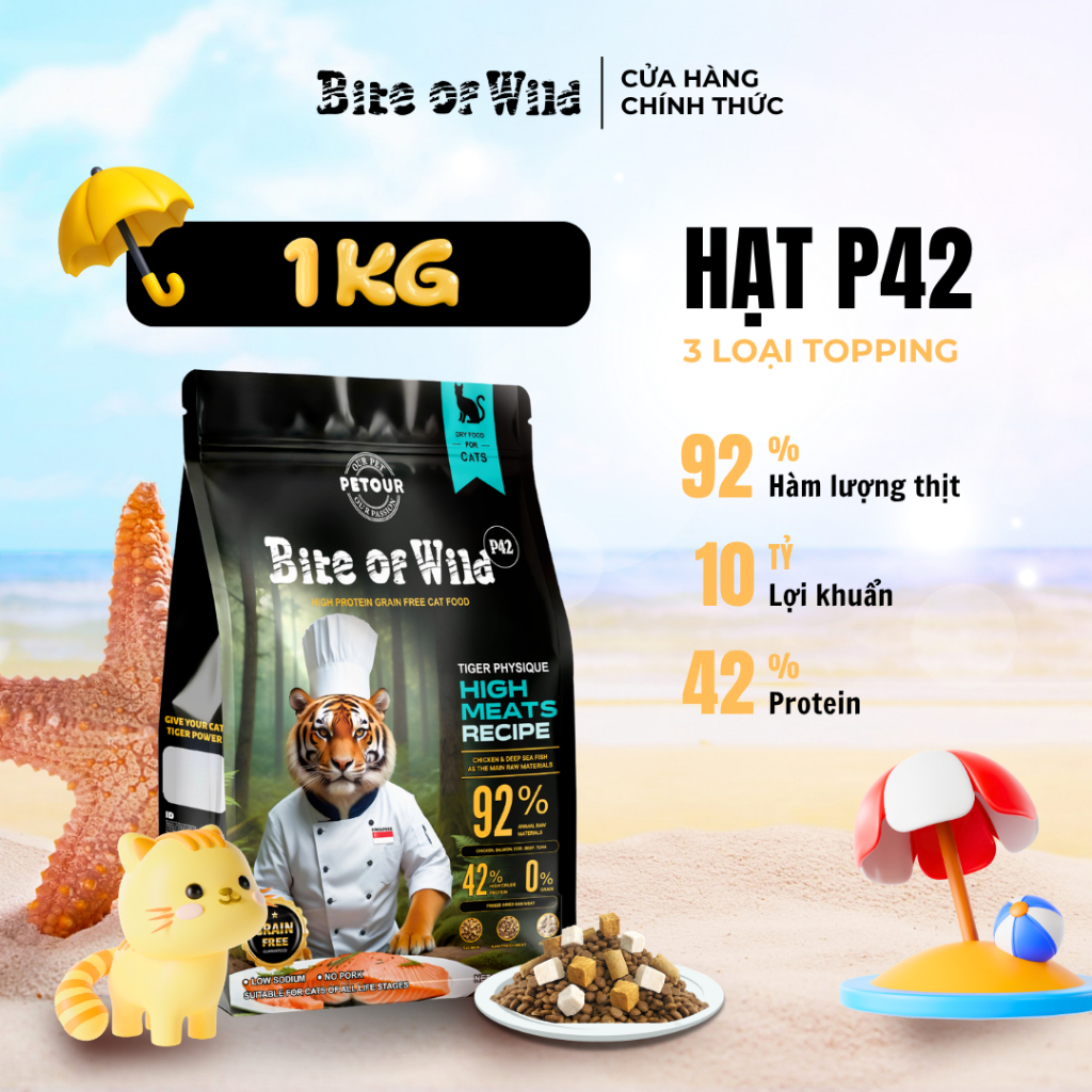 Thức Ăn Cho Mèo Bite Of Wild P42 1KG Không Chứa Ngũ Cốc Mix Thịt Sấy Cá Hồi Bò Cho Mèo Mọi Lứa Tuổi