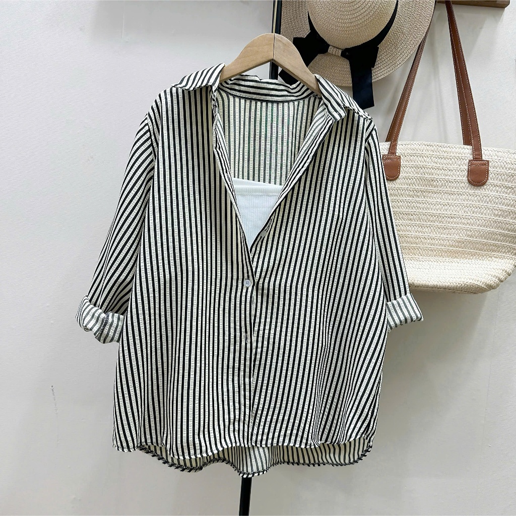 Áo Sơ Mi Bigsize Nữ Kẻ Sọc Cổ Bẻ Form Rộng Phối Áo Dây Che Khuyết Điểm 58-95kg A196+G118