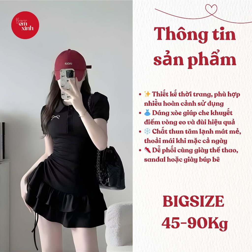 Đầm Polo Nữ Dáng Xòe Rút Dây In Nơ Bigsize Chất Mềm Co Giãn Che Dáng 45–85kg BS055 | EmxinhBigsize