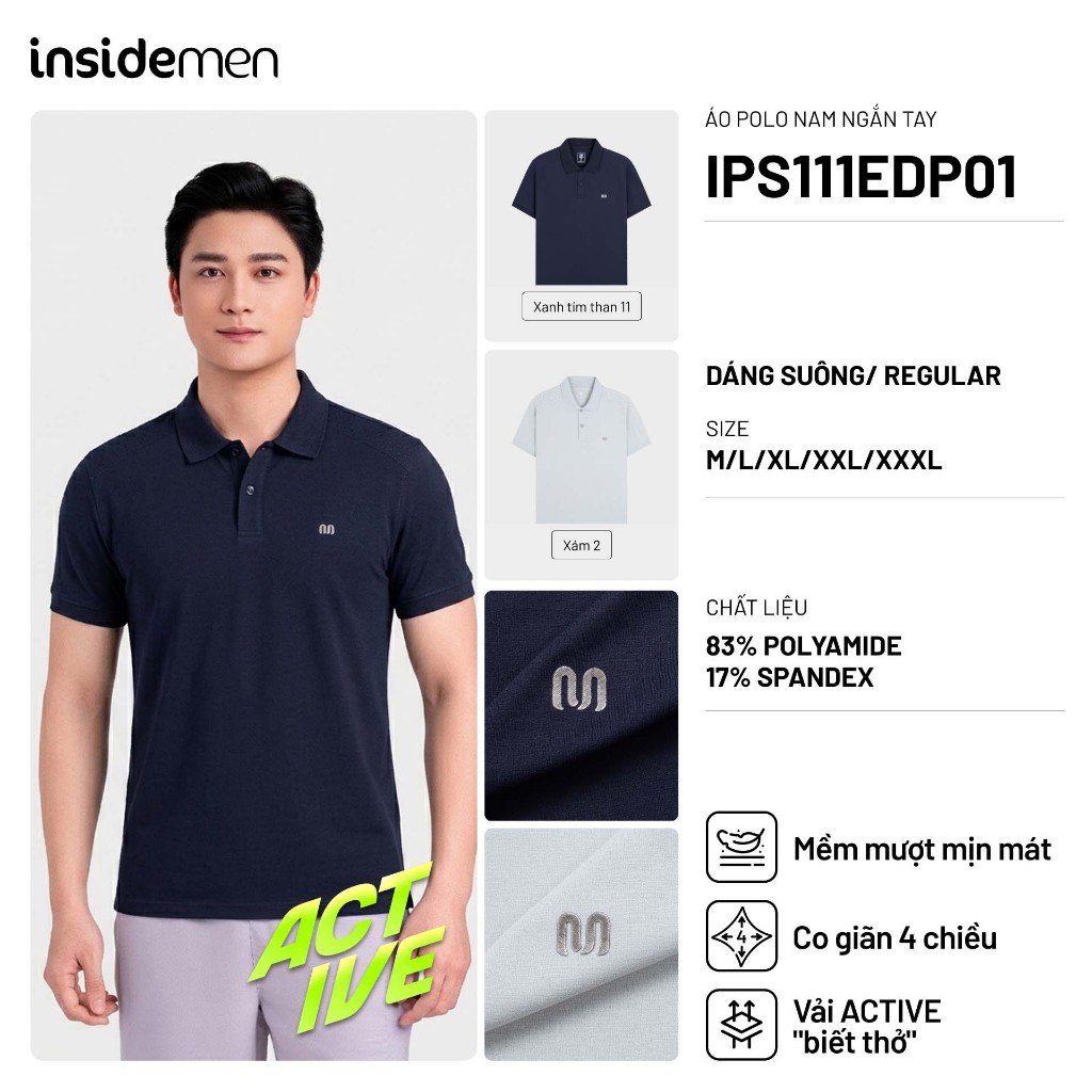 Áo polo Insidemen ACTIVE tay ngắn Co giãn 4 chiều Thoáng Mát Regular IPS111EDP01