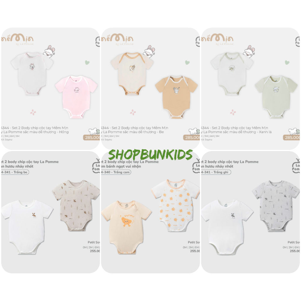 Set 2 bodychip cộc La Pomme chui đầu vai chồm vải petit mỏng mềm bé sơ sinh 0 - 6 tháng lapomme body chip bodysuit bộ