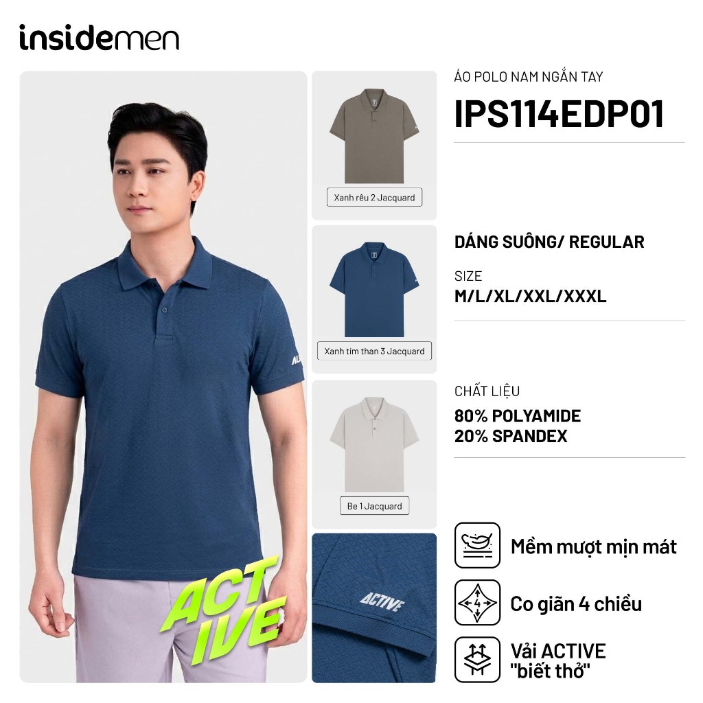 Áo Polo Insidemen ACTIVE tay ngắn mềm mịn thấm hút co giãn đa chiều IPS114EDP01