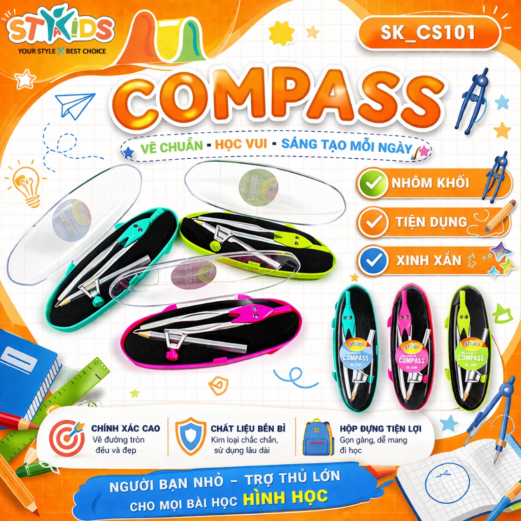 [Trợ giá] Compass đúc nhôm toàn khối, dùng chì gỗ, độ chính xác cao | Stakids SK_CS101