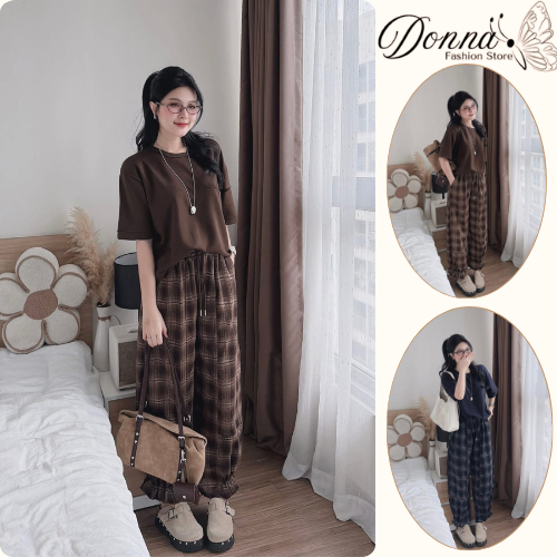Set Bộ Nữ HCOM26879 Áo Thun Form Rộng Mix Quần Kẻ Caro Ống Rộng Bo Gấu Cá Tính Phong Cách Hàn Quốc DONNA