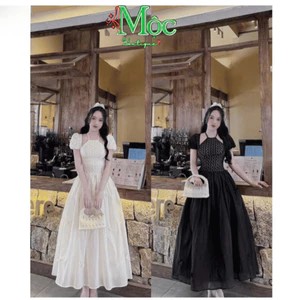 Đầm váy dài, đầm tiểu thư đi tiệc Ren hoa dáng dài cổ yếm mút ngực tay búp phối tùng tơ 2 lớp