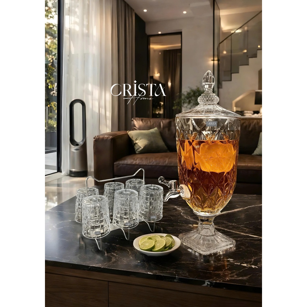 Bình Thủy Tinh 3.3L Crista Home Vân Kim Cương Cao Cấp | Bình Đựng Nước Detox, Trà Trái Cây Có Vòi Tiện Lợi – Mã 60244